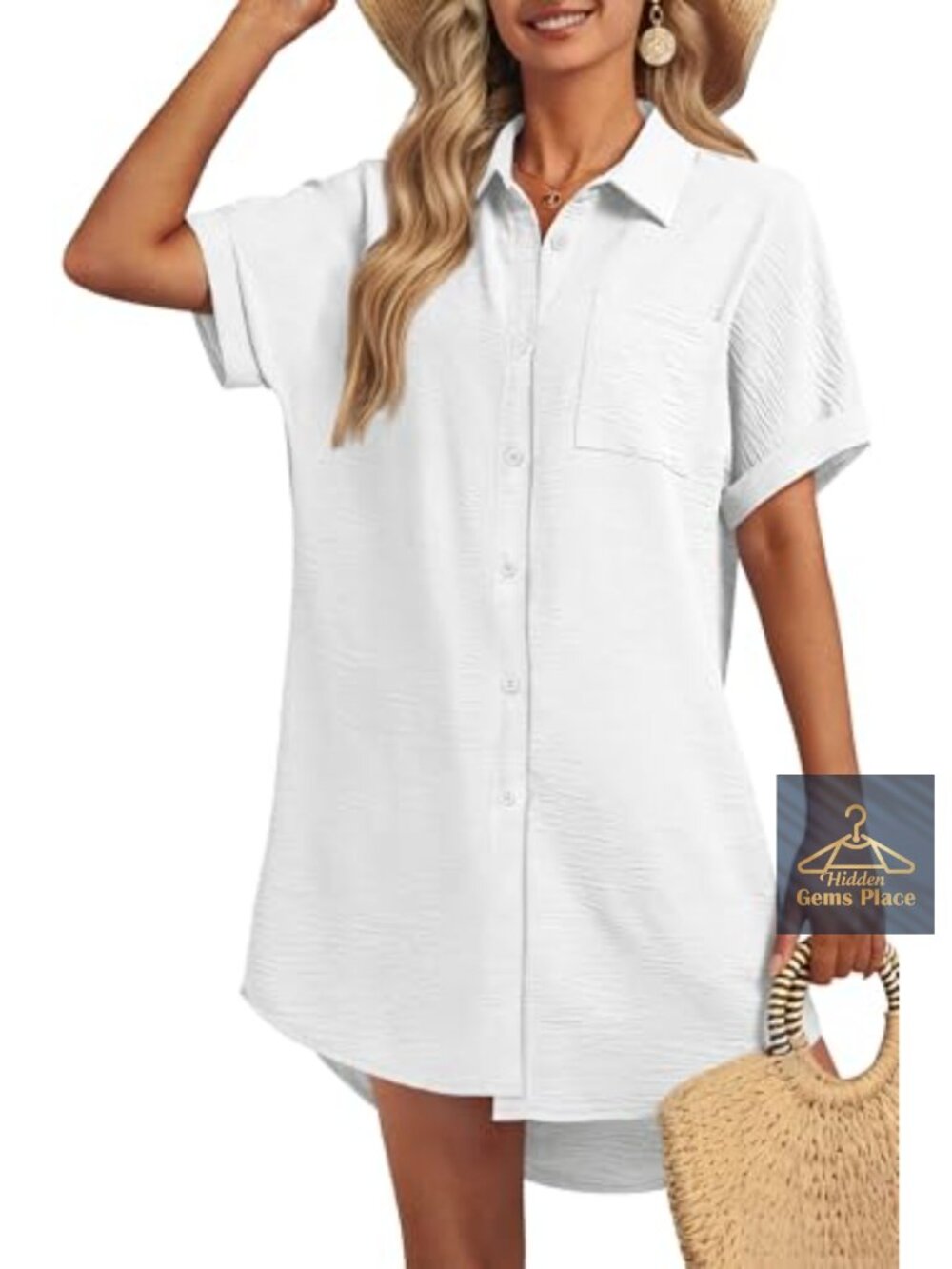 Women Button Down Shirt Dress Swim Coverup Short Sleeve Beach Cover Up